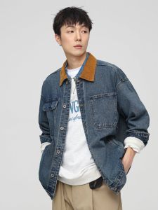 Azvk2025 American Style Splicing Retro Collar Denim Jacket Mens Loose Casual Jacket Top for Teenagers in Autumn