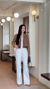 Quần Jean trắng nữ GYOMADE® lưng cao tôn dáng đứng form chất cottton co giãn ít | GQ014