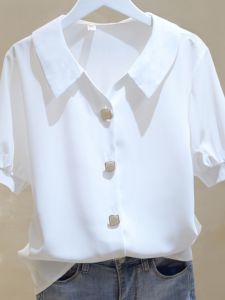 เสื้อผ้าผู้หญิงลดราคาแบรนด์ดังเสื้อเชิ้ตสีขาวผ้าชีฟองคอวีใส่ช่วงฤดูร้อนสำหรับถอนการค้าต่างประเทศจากเคาน์เตอร์ตัดมาตรฐานเสื้อทรงหลวมแขนสั้นสำหรับผู้หญิง