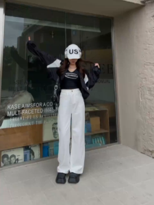 AN-1115 Korea Women Jeans Wide Leg Baggy Trousers Pants High Waist Loose Casual Straight Cut Denim Long Pants W/Pockets