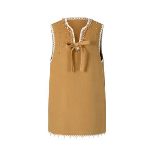 Sleeveless Wool Blend Double-Sided Cloth Dress with Bow and Scallop Decoration 26 percent wool