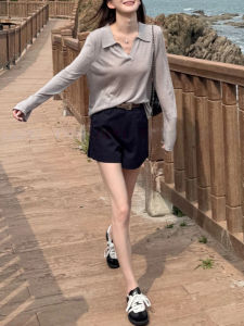 Shalldoer | Korean Style Polo Collar Long Sleeve Loose Fit Lightweight T-Shirt Women Summer New Casual Solid Color Top Fashionable Simple Design