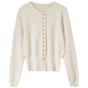 Simple round Neck Open Cardigan Womens Long Sleeve Knitted Base Shirt Autumn New Style Single Row Metal Button Polyester Fiber
