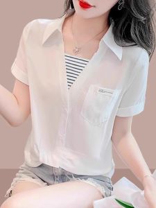 Stylish White Chiffon Short Sleeve Shirt for Women Beautiful Casual Fashion Summer New Arrival Single Button Polo Collar Top