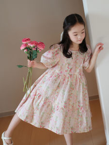 Girls Summer Floral Dress Pure Cotton  Style Short Sleeve Midi Skirt Little Princess Clothes Breathable Machine Washable
