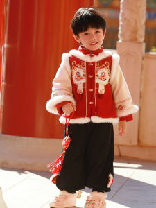 Red Hanfu Childrens Clothing Winter Thickened Long Sleeve Boys Traditional Chinese Costume New Year Visit Clothes Baby Style