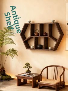 Small Solid Wood Traditional Chinese Wall Mounted Shelf For Tea Set Storage
