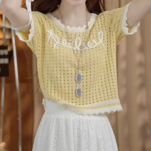 Shalldoer | Blue Letter Hollow Out Short Sleeve Knitted Top Womens Loose Fit Summer New Style Fashionable Versatile Short Length T-Shirt