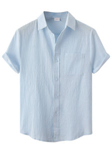 Retro Harajuku Mens Short Sleeve Shirt Pure Color Turn-down Collar Summer Top Slim Fit Youthful Trend Casual Wear