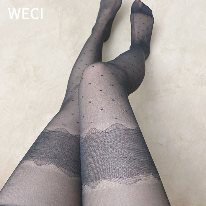 WECI Striped Plaid Stockings Cute Lace Kawaii Pantyhose Girls Seamless  Polka Dot Tights Patterned Woman Meshes Socks Black White
