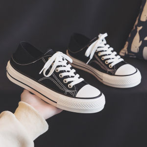 Black Slip-On Canvas Shoes Womens Casual Half Slippers Sneakers for Autumn Season Fashionable Versatile Footwear Stylish Low Tops