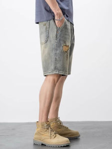 Retro Distressed Denim Shorts for Men Loose Large Size