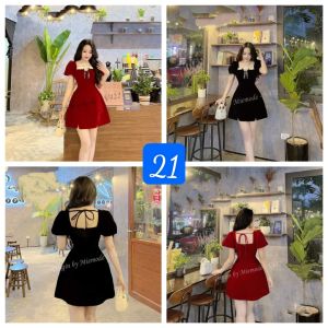 [MÃ LAZADAFAHB01 - GIẢM 30K ĐƠN 100K] Váy đầm thiết kế Nhung cổ vuông phối vạt lật trắng tay bồng chân váy chữ A.