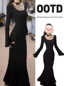 SUHUIQIAN | Flared Black Lotus Fish Tail Pencil Dress Long Sleeve