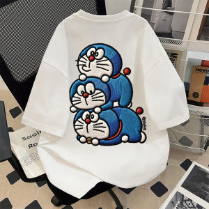 Bandai | Cartoon Imitation Embroidery Doraemon Print Short-sleeved T-shirt Summer Street Fashion Brand Pure Cotton Casual Top