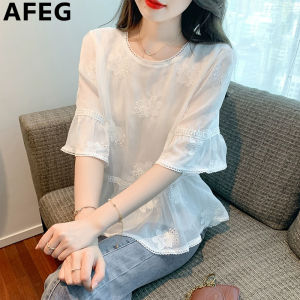 AFEG new Korean version round neck fashion loose all match temperament embroidered chiffon horn short-sleeved blouse