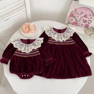 2025 Christmas Kids Baby Girls Dress Red Lace Collar Baby Girls Long Sleeve Sweet Princess Dress New Children Clothes Dress