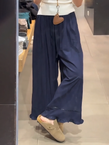 Quần Ống Rộng Thêu Viền Mùa Hè Mỏng Thường Ngày Cho Nữ Cỡ Lớn Che Giấu Mỡ Giảm Béo Quần Ống Rộng Thoải Mái