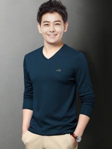 ROMON | Loose Long Sleeve V-Neck T-Shirt For Men Romon Brand Fashionable Business Style Autumn Winter New Arrival Dad Top Chicken Heart