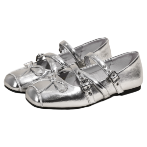 Josiny | Silver Mary Jane Ballet Flats New Spring/Summer 2026 Studs and Bow