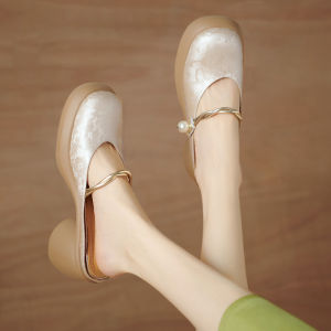 Leather Half Slippers Womens Summer Open Toe High Heel Thick Heel Shoes Outdoor Wear Chinese Style National Trend Footwear