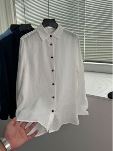 Lightweight Breathable Linen Shirt Womens Style French 28 Thread Linen Single Button New Top Simple Artistic Old Money Trend