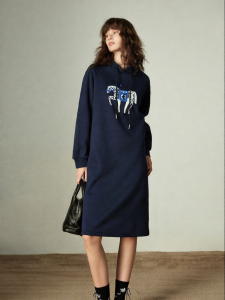 Toyouth | Winter Hooded Horse Embroidery Loose Fleece-Lined Warm Midi Sweatshirt Dress