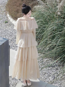 Cherishable Beige One-Shoulder Dress Korean Style High Waist Slimming Midi Cake Skirt Pure Color Summer Long Sleeve Womens Dress