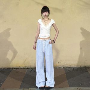 Quần Dài Thường Ngày Màu Xanh Lam Rộng Rãi Cạp Cao Dài Cho Nữ Quần Dài Rộng Rãi Màu Trắng Xanh Lam Dài Đến Sàn Cạp Cao