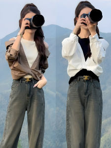 Fashionable Shoulder-baring Design Sensation Womens Shirt Spring Autumn Style Fake Two-piece Long Sleeve Polo Collar Loose Fit