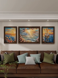 Retro Solid Wood Frame 3-Panel Mural European Pastoral Oil Painting HD Non-Fading Home Decor Hanging