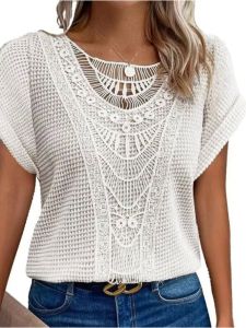 Solid Color Lace Patchwork Short Sleeve Shirt Pure Color Floral Trim Splicing Street Style Loose Fit round Neck T-Shirt for Women