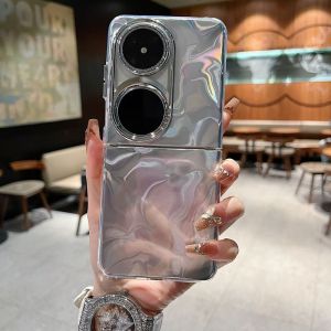 เคสโทรศัพท์มือถือ Huawei P50 PocketS ลายเรขาคณิตสีน้ำเงิน เคสโทรศัพท์มือถือแบบพับได้พร้อมสายโซ่ เปลือกป้องกันแบบซิลิโคน PC+TPU ทนทาน