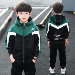 Velvet Fleece Childrens Winter Outfit Boys Two-Piece Set Comfortable Breathable Cotton Polyester Blend Warm Hoodie Pants