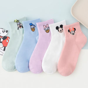 Disney | 5Pairs of Sweet and Cute Macaron Color Matching Disney Ankle Socks With Mickey and Minnie Patterns Cotton Womens Mid Tube Socks