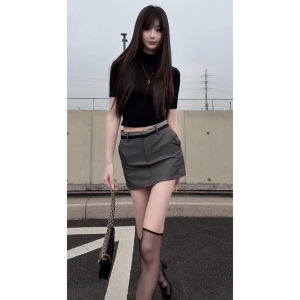 Slim Fit Half High Collar Short Sleeve Pure Color Summer New Style Trendy T-Shirt Commute Style Polyester Fiber Sweat Absorbent