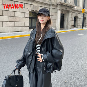 Yaya Womens Short Loose Casual PU Leather down Jacket New Winter Fashion Design Korean Style Commute Long Sleeve Zipper Coat