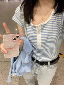 Áo Thun Nữ Tay Ngắn Cổ Chữ U Ôm Vừa Vặn Thiết Kế Mỏng Mùa Hè Phong Cách Hàn Quốc Họa Tiết Sọc Cổ Điển Thường Ngày