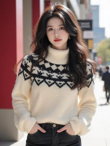 Christmas Atmosphere High Collar Patchwork Thickened Sweater Womens Autumn Winter Loose Fit Lazy Style Soft Knitted Shirt