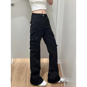 Extended High Waist Workwear Jeans Womens Spring Autumn Slimming Tall Black Work Trousers Retro Style Straight Leg Pants