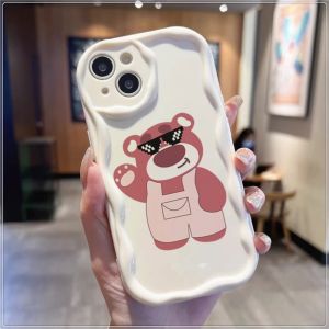 Cool Strawberry Bear Compatible for IPhone 15 Plus 11 14 13 12 15 Pro Max XR X XS Max 15 7Plus 8plus Wavy Curved Edge