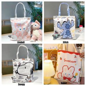 Disney Student Tuition Bag Canvas Bag Tote Bag Cartoon Canvas Beg Shoulder School Bag Women Bag Stitch Linabell Rabbit Snoopy Shopper Bag