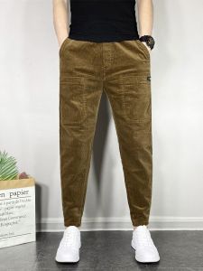 Mens Thickened Fleece Lined Autumn Winter Corduroy Loose Fit Cuffed Pants Casual Trousers Breathable Youth Trend Solid Color