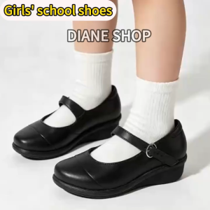 Stylish black round-toe girls school shoes with non-slip adjustable shoelaces waterproof and comfortable black shoes SIZE 25-35