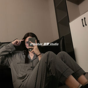 Pure Cotton Striped Sleepwear Set for Men and Women Couples Comfortable Home Clothes with Long Sleeves and Front Buckle