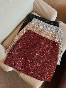 GUZILIAN | High Waist Sequin Mini Skirt Womens Winter Design Sensation A-Line Short Skirt Anti-Light Walking Elegant Lady Commute Style