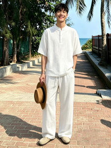 OUMULONG | Mens White Summer Lightweight Quick-Dry Henley T-Shirt and Leisure Pants Set