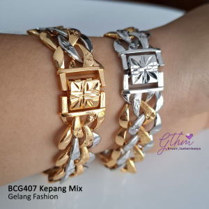 Gelang Tangan Kepang Bunga Ukir Kombinasi Perhiasan Elegan Mewah Anti Karat Cocok untuk Pesta Kondangan Jalan-Jalan Kado Hadiah Bcg407 Jual Titanium Ori Lapis Emas Cincin Kalung
