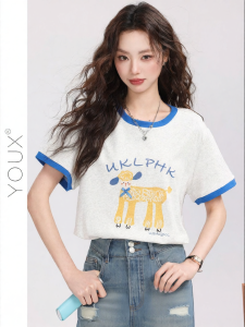 YOUXIANG | Áo Thun Tay Ngắn In Hình Sao và Cừu  Tròn Cổ Form Rộng