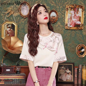 WANGGONGZHU | New Chinese Style Short Sleeve T-Shirt Women Summer Elegant Loose Top Floral Embroidery National Style Princess Commute Style